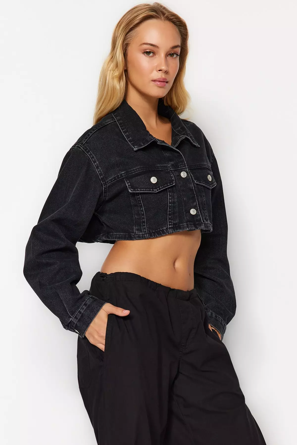 Super cropped black denim jacket top