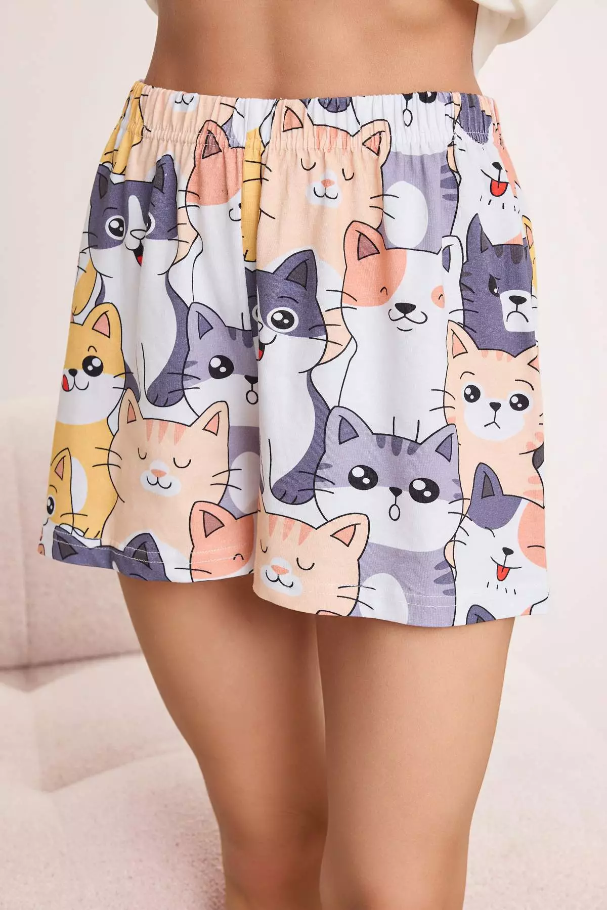 White Cat Patterned Cotton Pcs Stretch Fabric Soft Touch Knitted Pajamas Set Thmss26Pt126