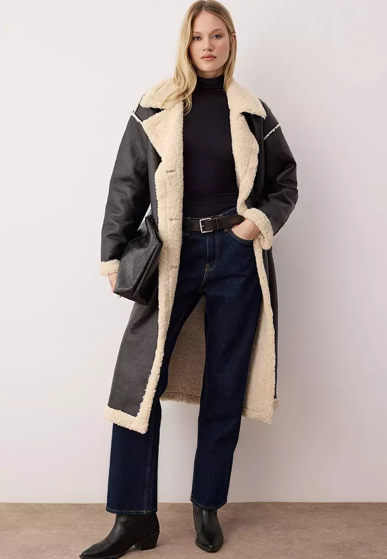 Black Double-Sided Plush Mono Closure Oversize Long Faux Leather Coat