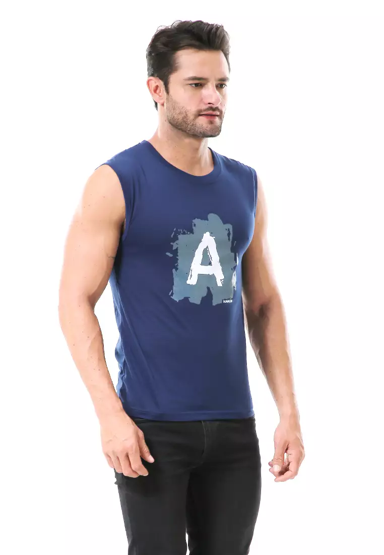 Bobby Atasan Kasual Pria Singlet Motif Huruf A Atasan Tanpa Lengan Material Cotton ORIGINAL - Navy