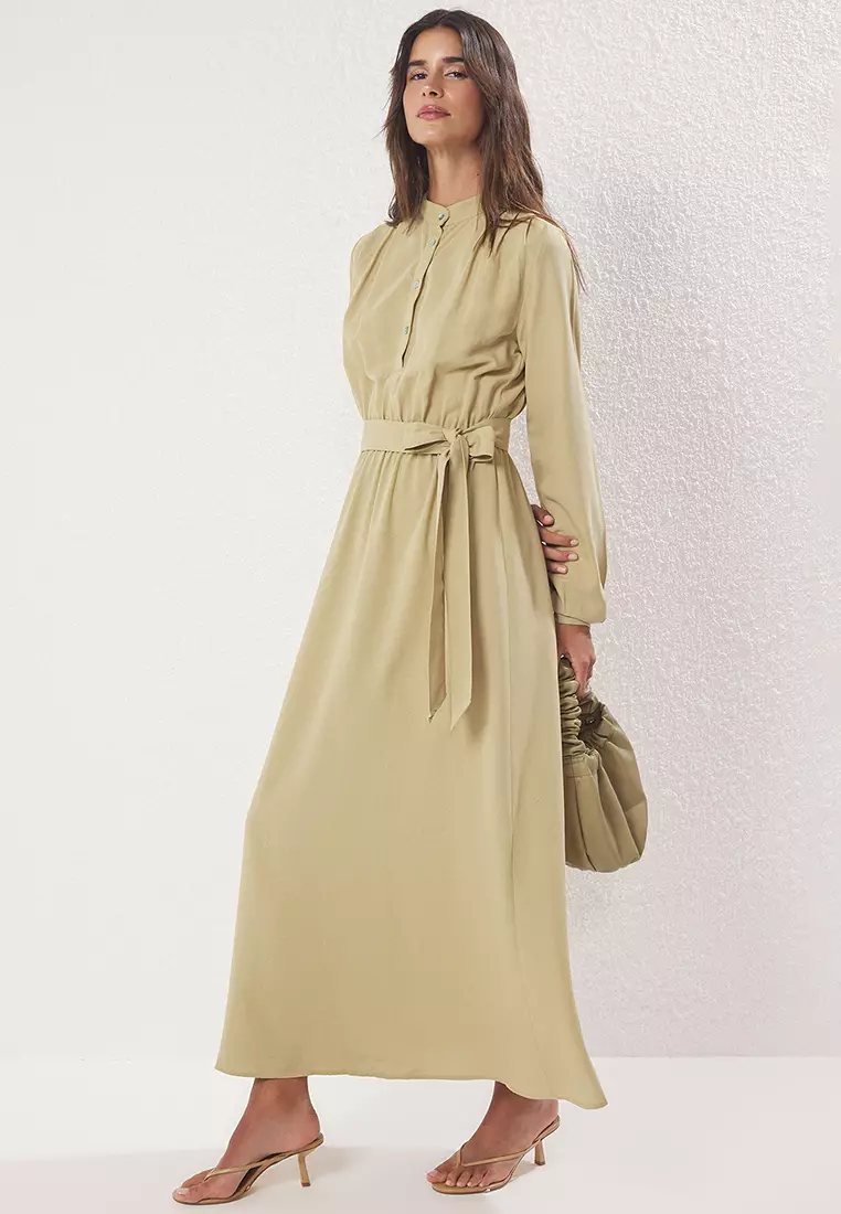 Khaki Elastic Waist Linen Woven Dress TCTSS25EB00124