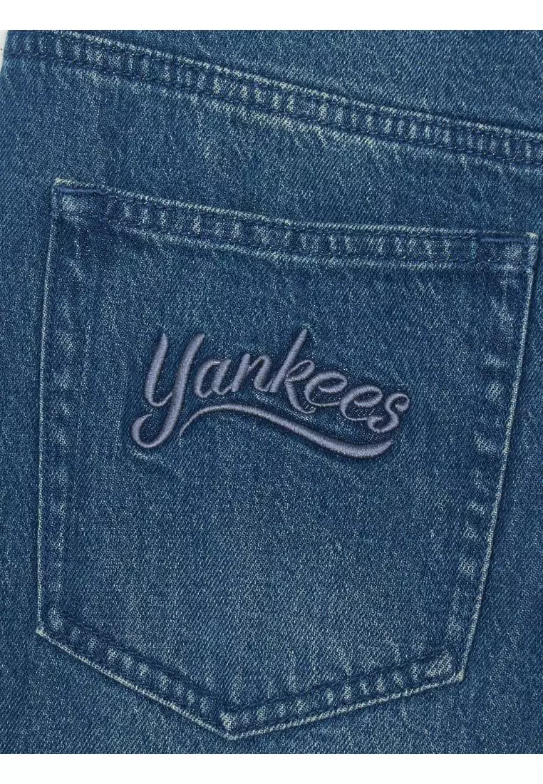 WOMEN'S VARSITY LOGO CURVED WIDE DENIM PANTS NEW YORK YANKEES