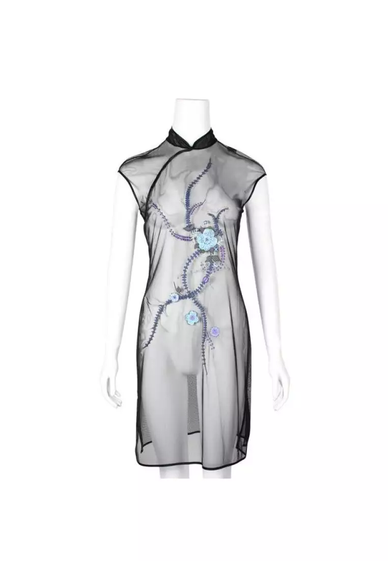 Pre Loved VIVIENNE TAM Black Sheer Cheongsam with Flower Embroidery
