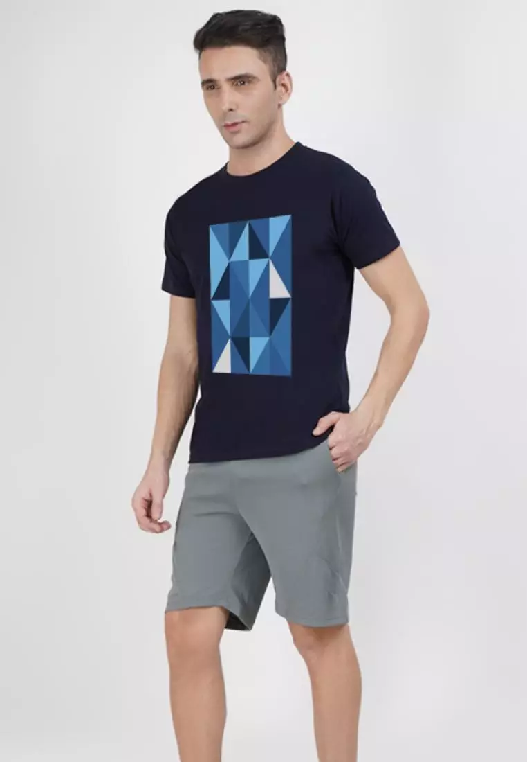 Geometric Print Graphic Navy Blue Cotton Blend Short Sleeve Regular Fit Tee
