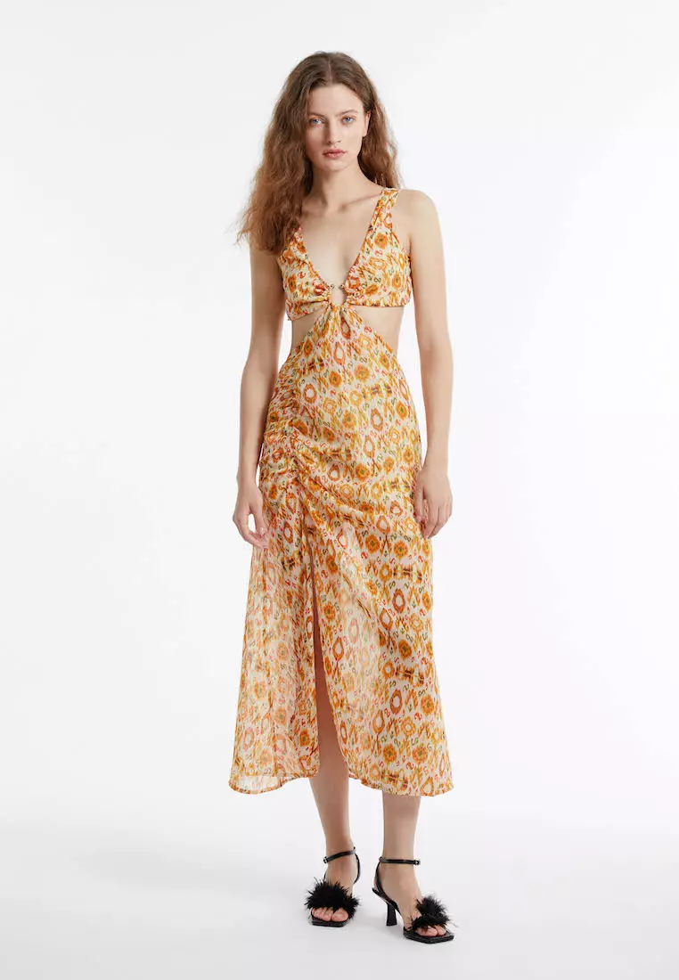 Cut Out Printed Chiffon Dress