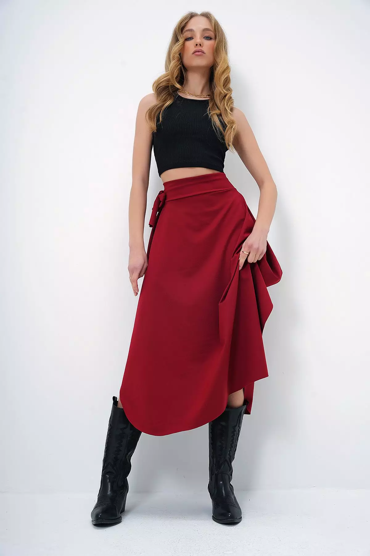 Bordeaux Ethnic Pattern Midi Asymmetric Regular Skirt