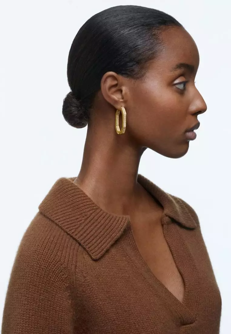 Dextera Hoop Earrings Octagonal Full Pavé Large White Gold-Tone Plated