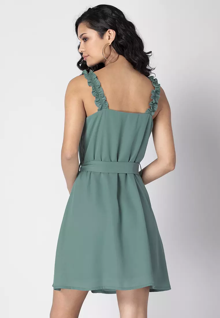 Green Strappy Belted Ruffle Dress