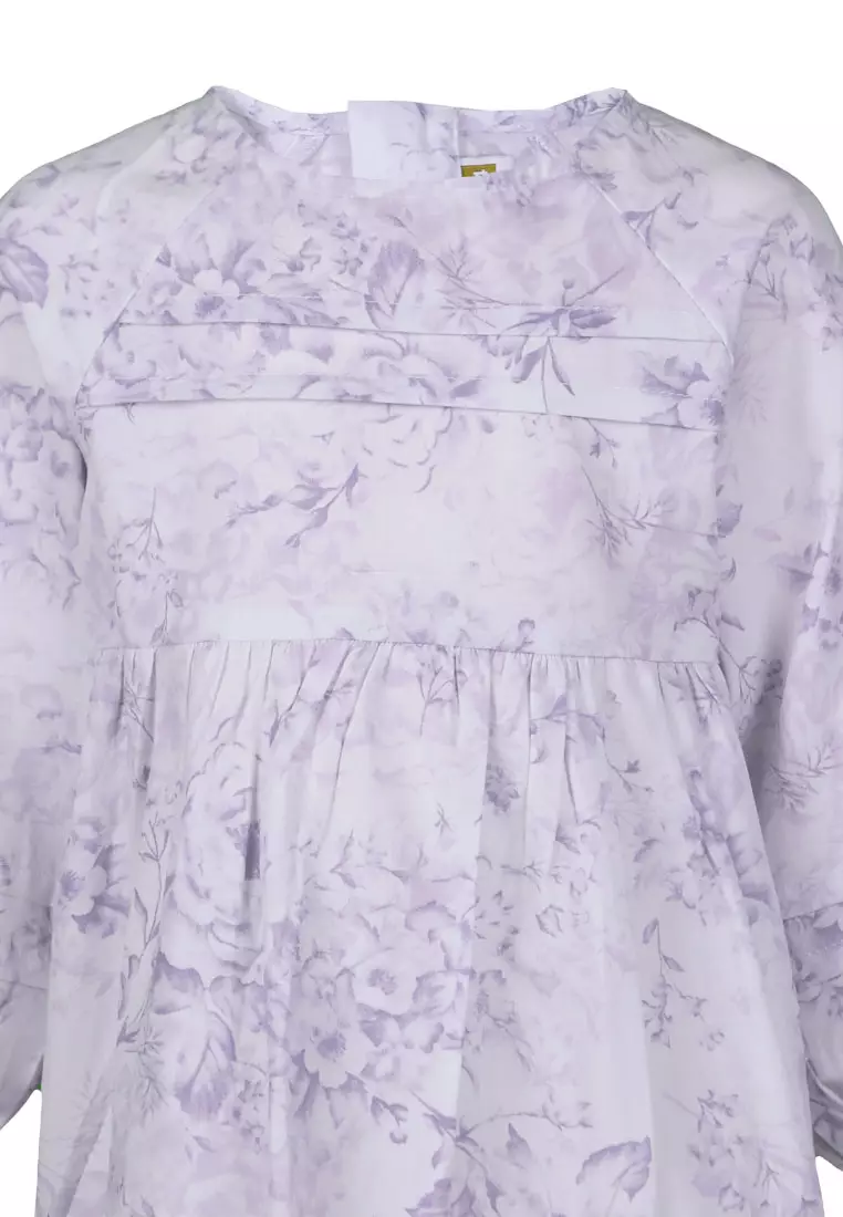 Qna Girl Sunshinered Midi Dress Anak Ungu Muda Motif Bunga