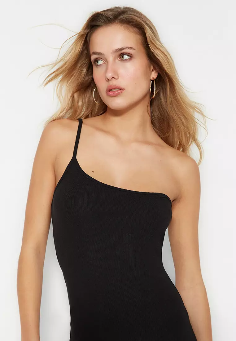 Asymmetrical Shoulder Strap Ribbed Knitted Dress