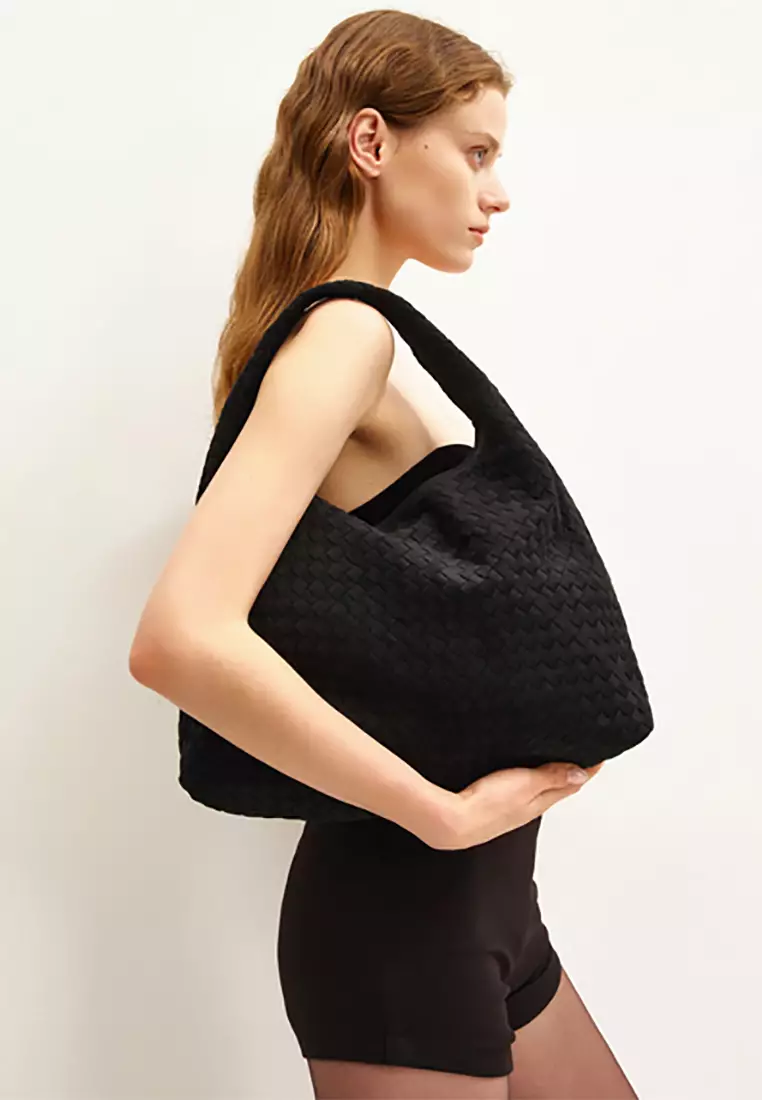Iaura Faux Suede Woven Shoulder Bag - Black