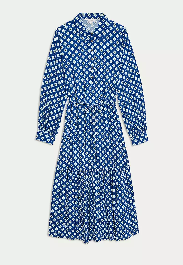 Printed Tie Waist Midi Shirt Dress