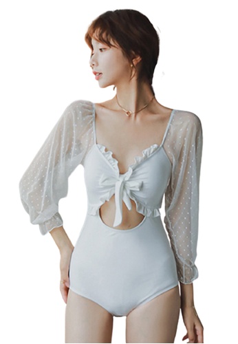 Halo white Slim Fit Swimsuits With Chiffon Sleeves 79CA0US282DC82GS_1