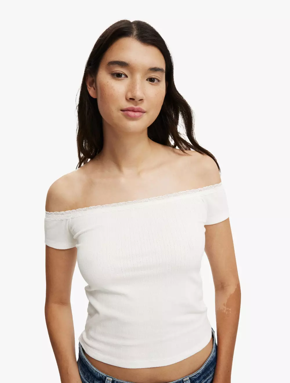 Cotton On -  Pakaian Wanita  - Sasha Lace Trim Off The Shoulder Top - Vintage White