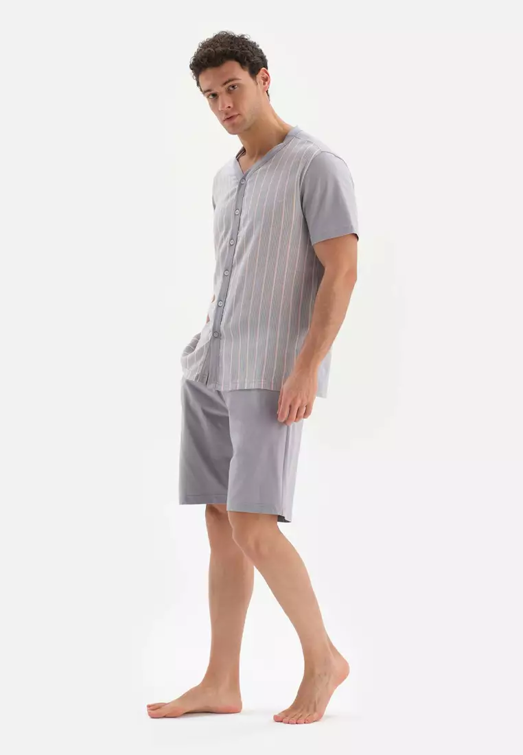Grey Shirt Shorts Woven Set Striped V Neck Regular Short Leg Short Sleeve Sleepwear for Men