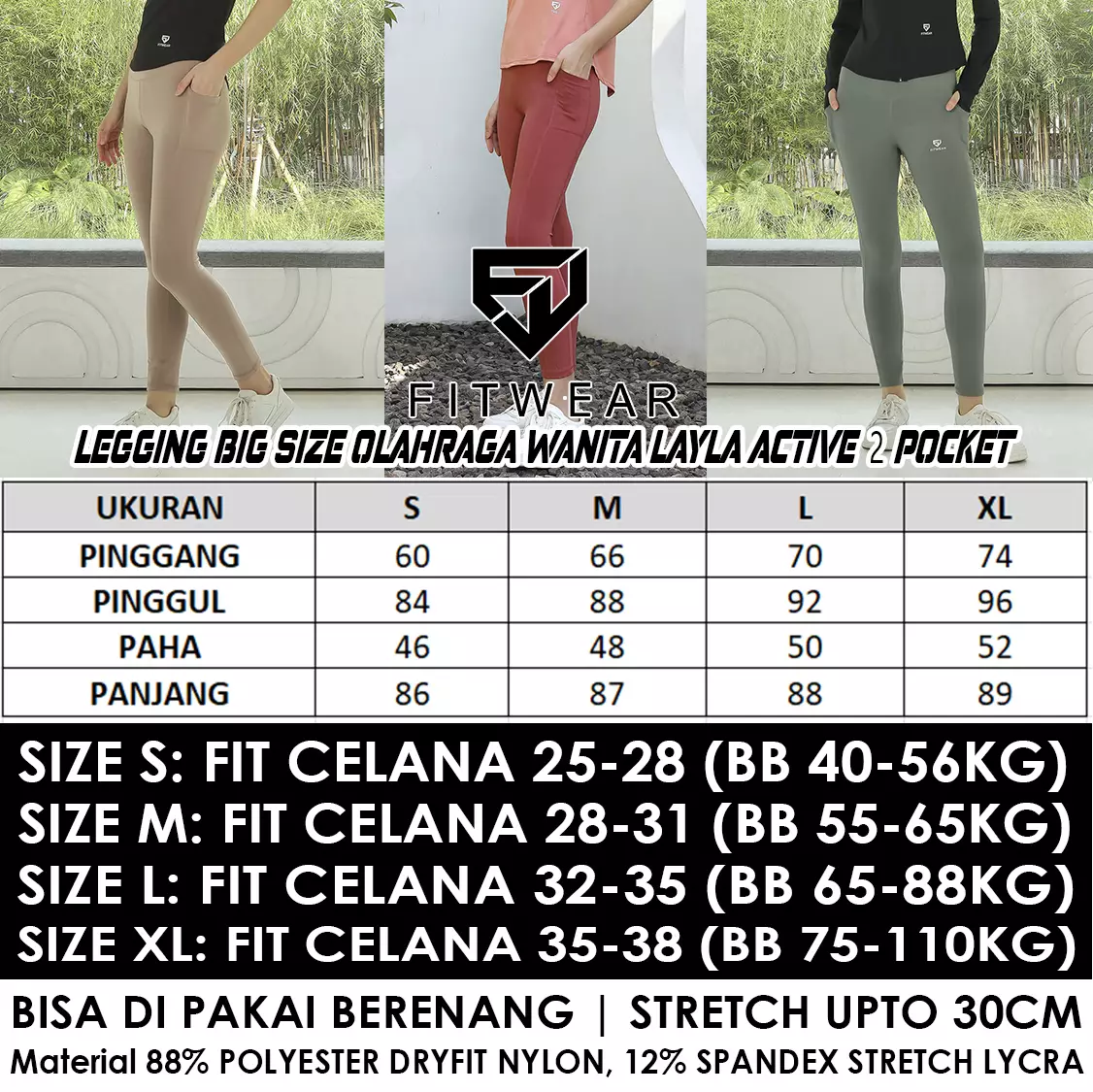 Fitwear - Legging Big Size Olahraga Wanita LAYLA ACTIVE 2 POCKET - BLACK V-WAIST