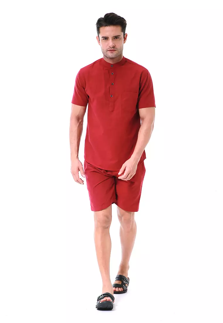 Vincent Kurta Set Pendek Motif Polos Setelan Pria Short Sleeve Material Cotton ORIGINAL - Maroon
