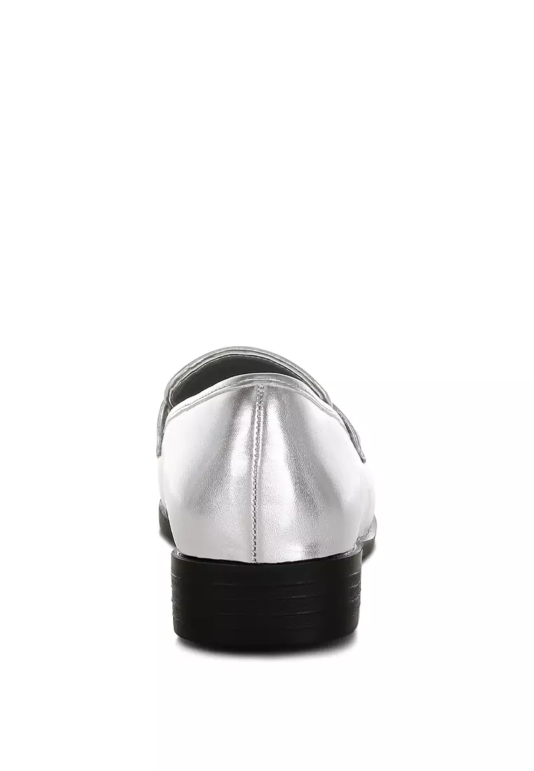 Metallic Faux Leather Flat Loafers in Silver
