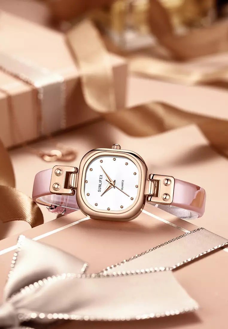 Jam Tangan Wanita Original Gaya Korea Tali Kulit Simple Anti Air Jam Tangan Cewek pink white