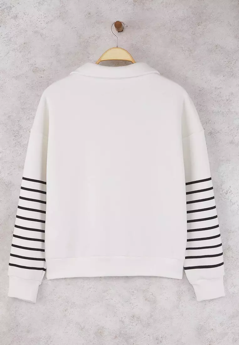 Ecru Striped Oversize/Wide Mold Zippered Thick Polar Fleece Knitted Sweatshirt