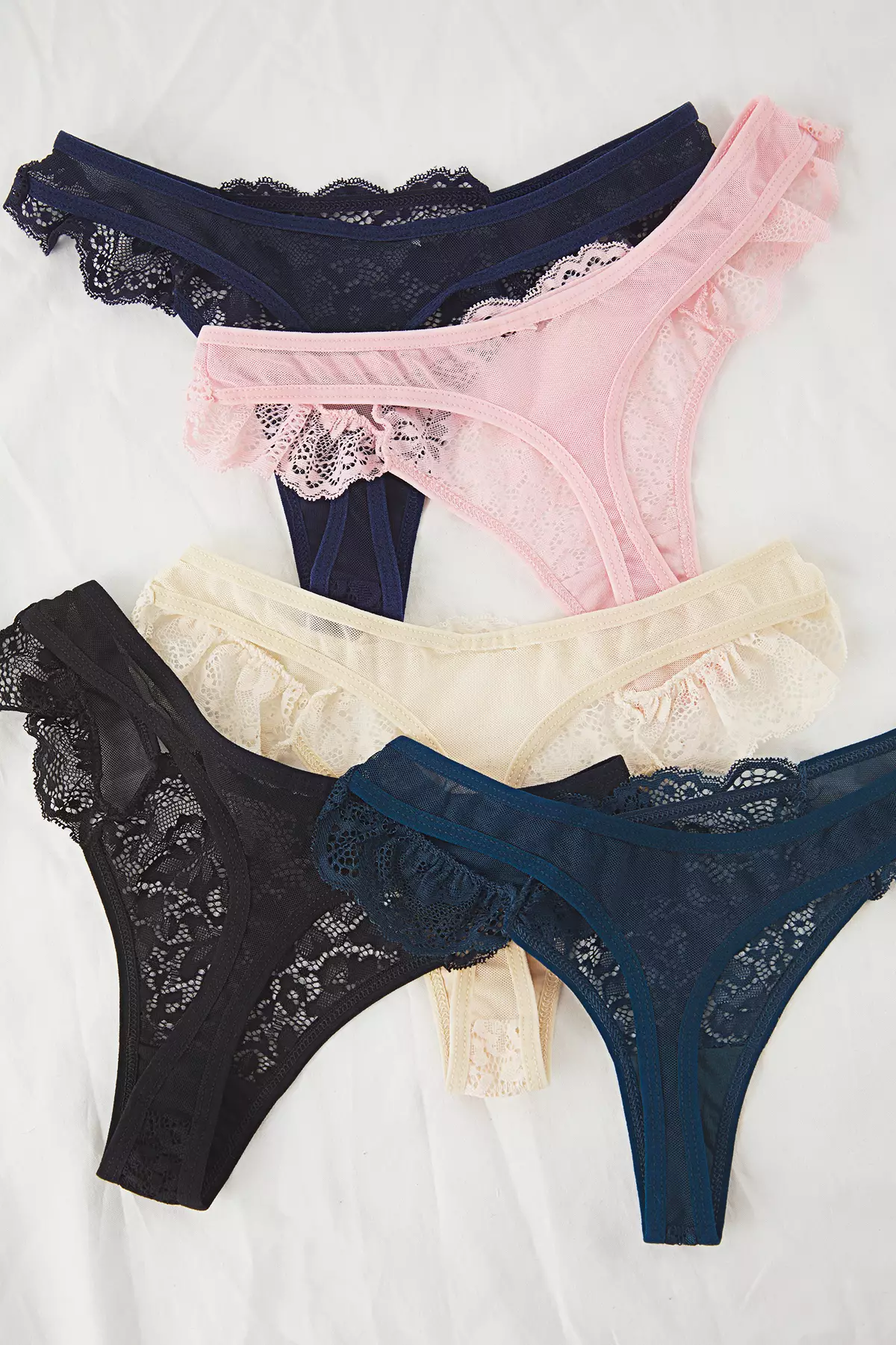 Blue &Multicolored 5 Coin Package Tulle Lace Detailed Thong