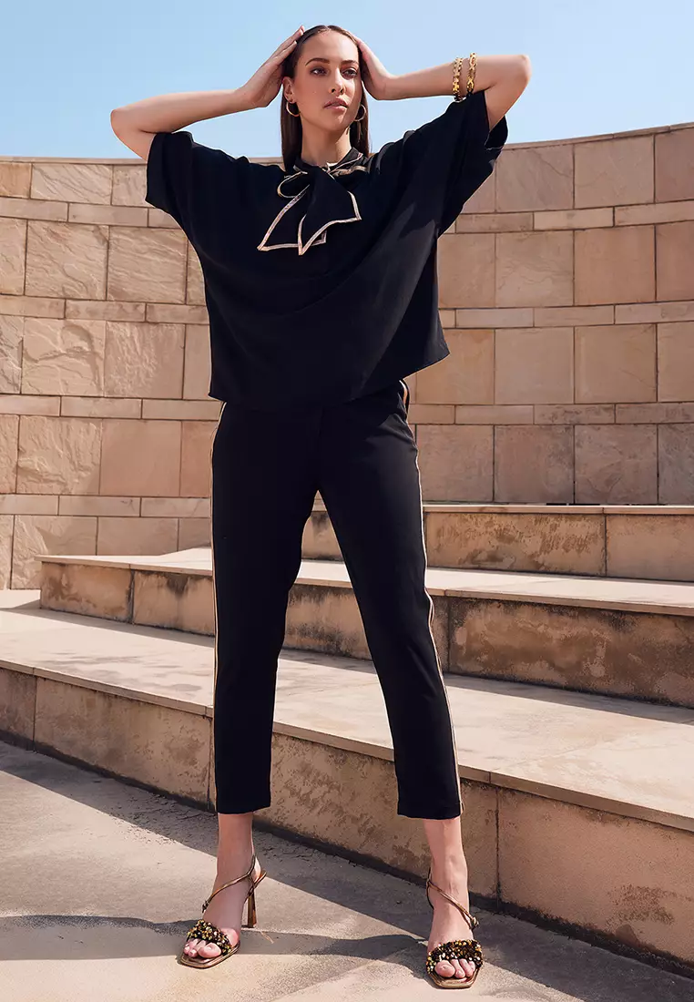 Black And Gold Tie Up Top And Pants Co-ord Set