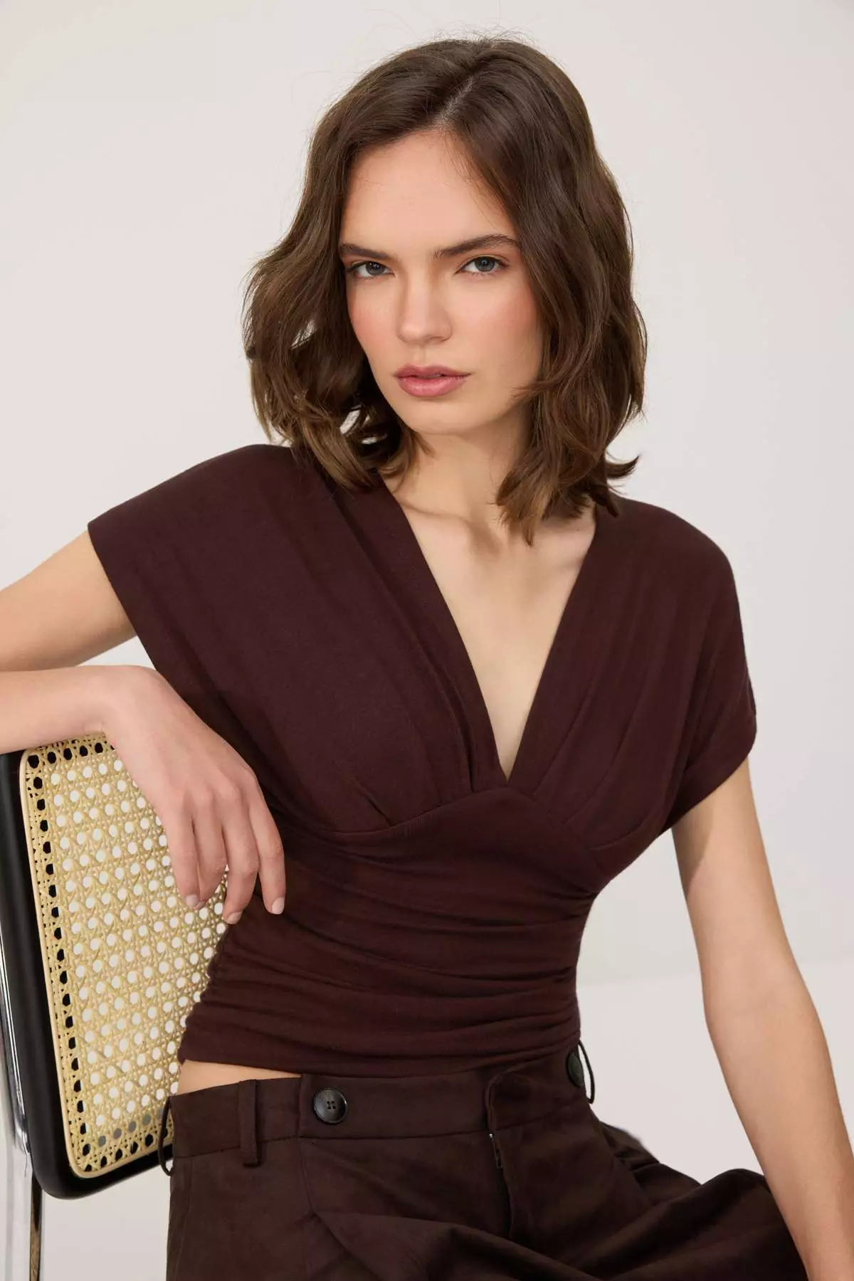Brown Fitted/Body-Fitting Knitted Blouse With Gather/Drape Detail Twoss25Bz65