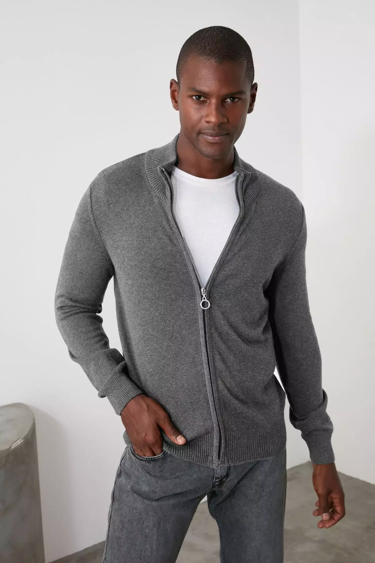 Gray Slim Fit Half Turtleneck Plain Knitwear Cardigan