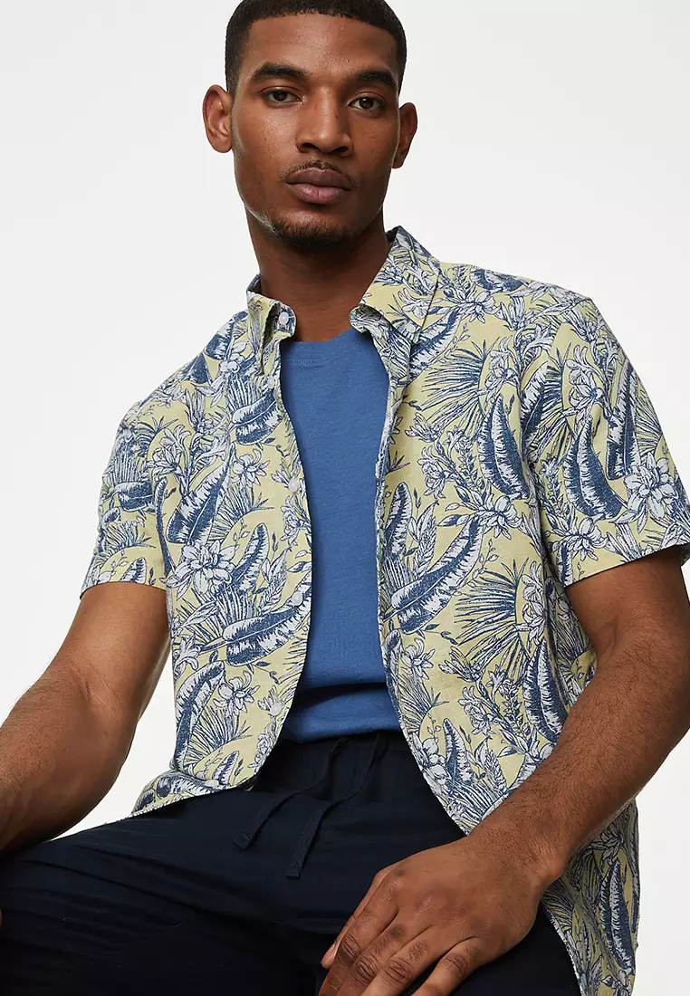 Easy Iron Cotton Linen Blend Print Shirt