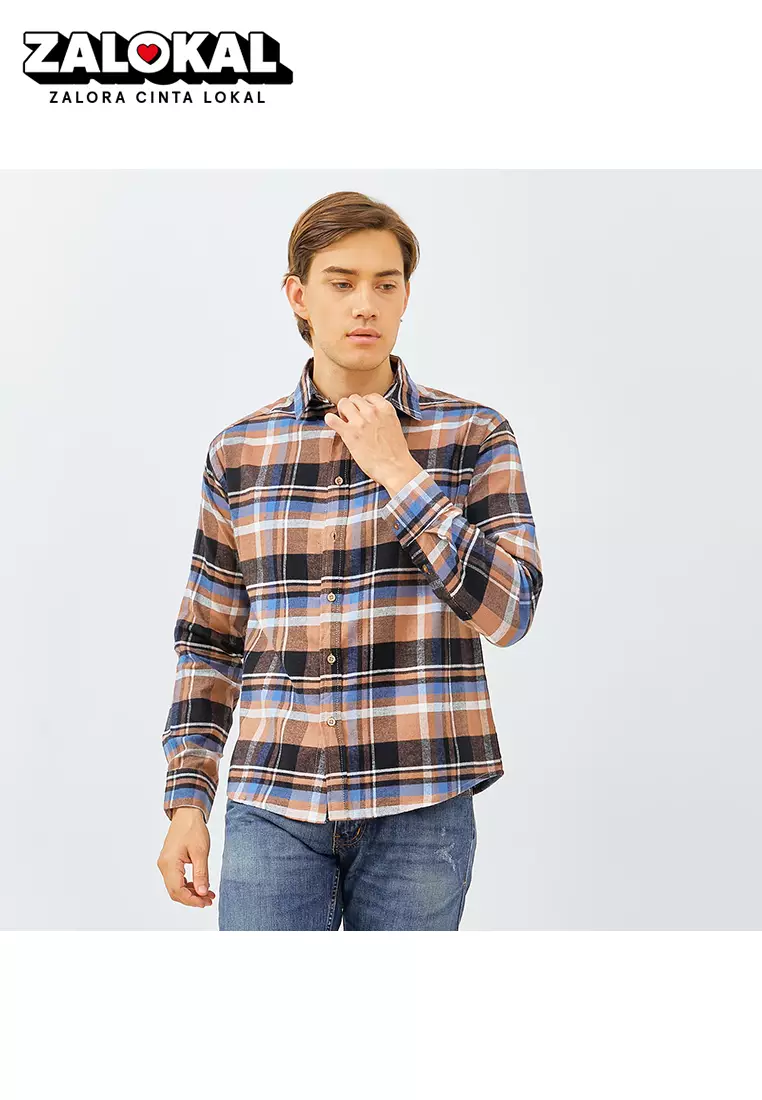 PAULMAY Kemeja Flanel Pria Lengan Panjang Coklat 6716