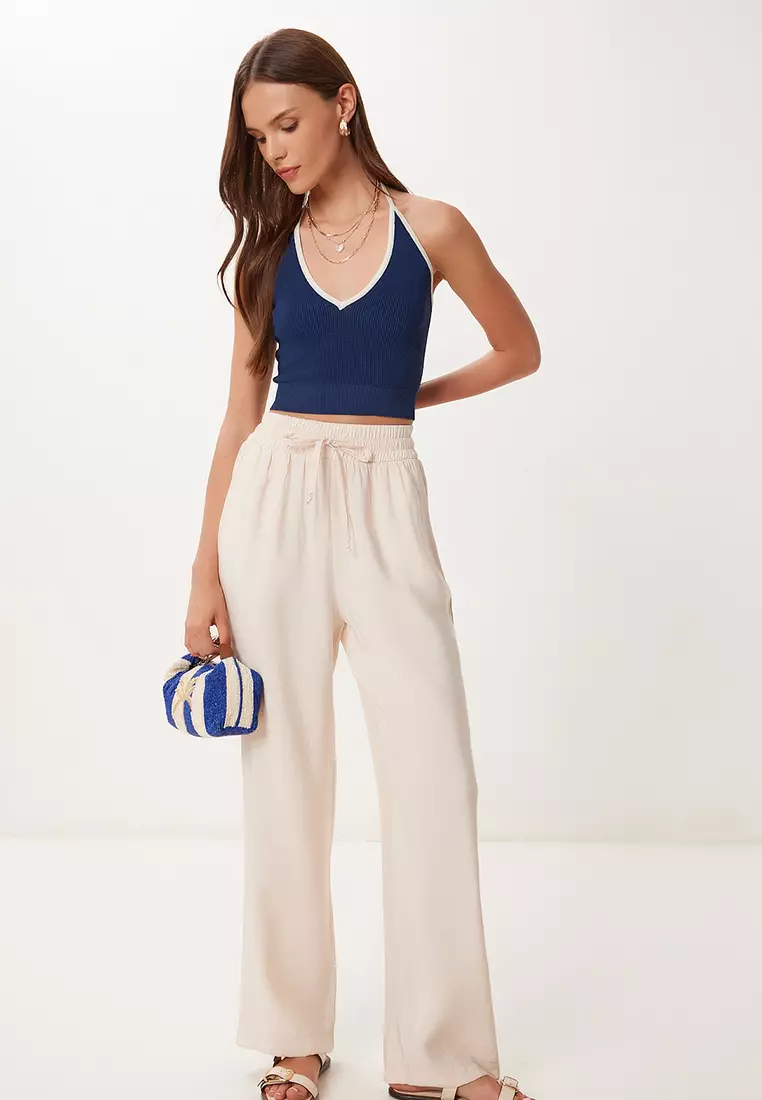 Women's Cream Wide Leg Summer Modal Trousers Bv00157