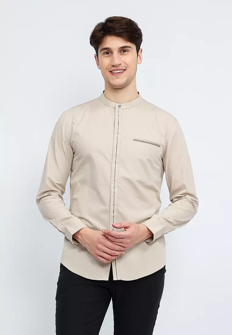 OXCON Kemeja Collarless long sleeve Dual Style Button Khakis