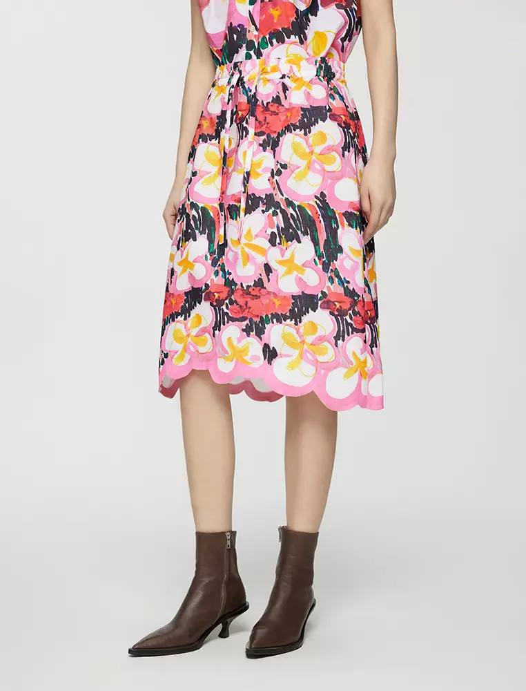 A-Line Printed Midi Waist Skirt