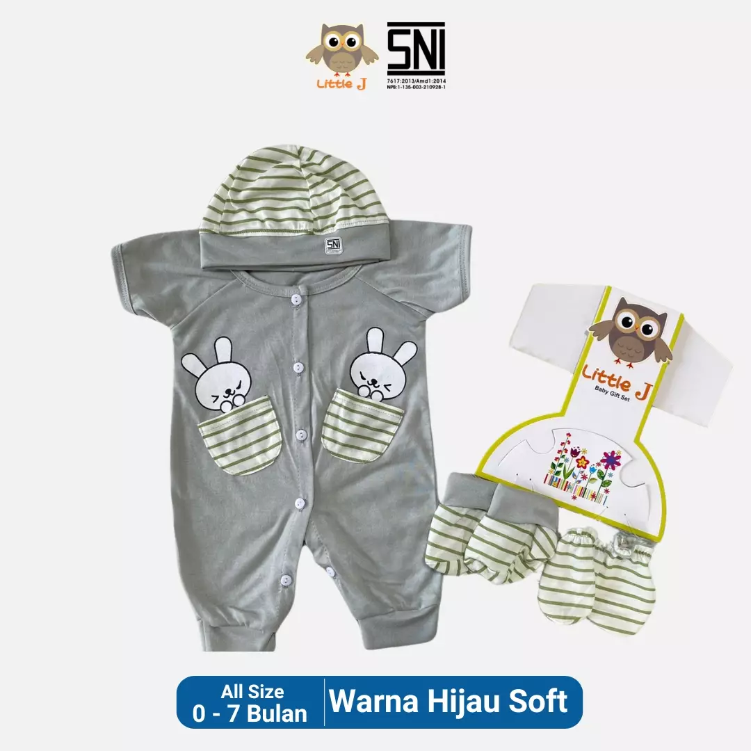 Little J - Bunny Biru Jumpsuit -Romper Set Baby 4 in 1 Bayi Laki laki Bayi Perempuan ( Sarung tangan,Sarung Kaki,Topi,Baju)