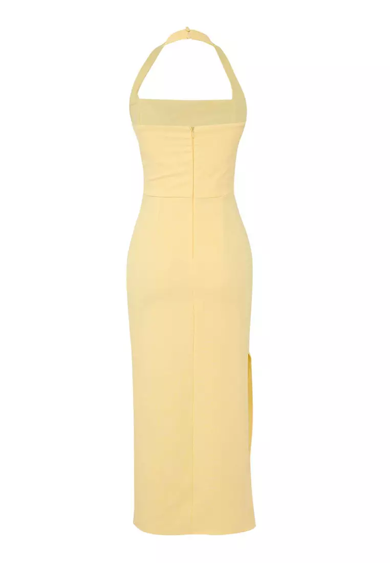 Light Yellow Body-Styling Slit Detailed Midi Woven Dress