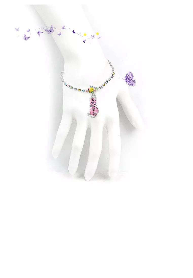 Dazzling Flower Bracelet with Cat Charm and Multi Color Austrian Element Crystals