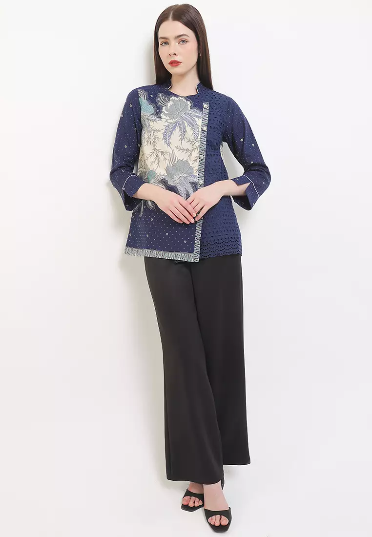 Blouse Atasan Batik Wanita Hera Katun Embroidery Premium Lining Panjang Navy
