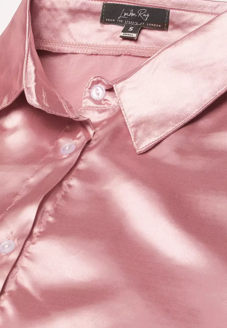 Blus Kemeja Satin Lengan Panjang Blush Pink