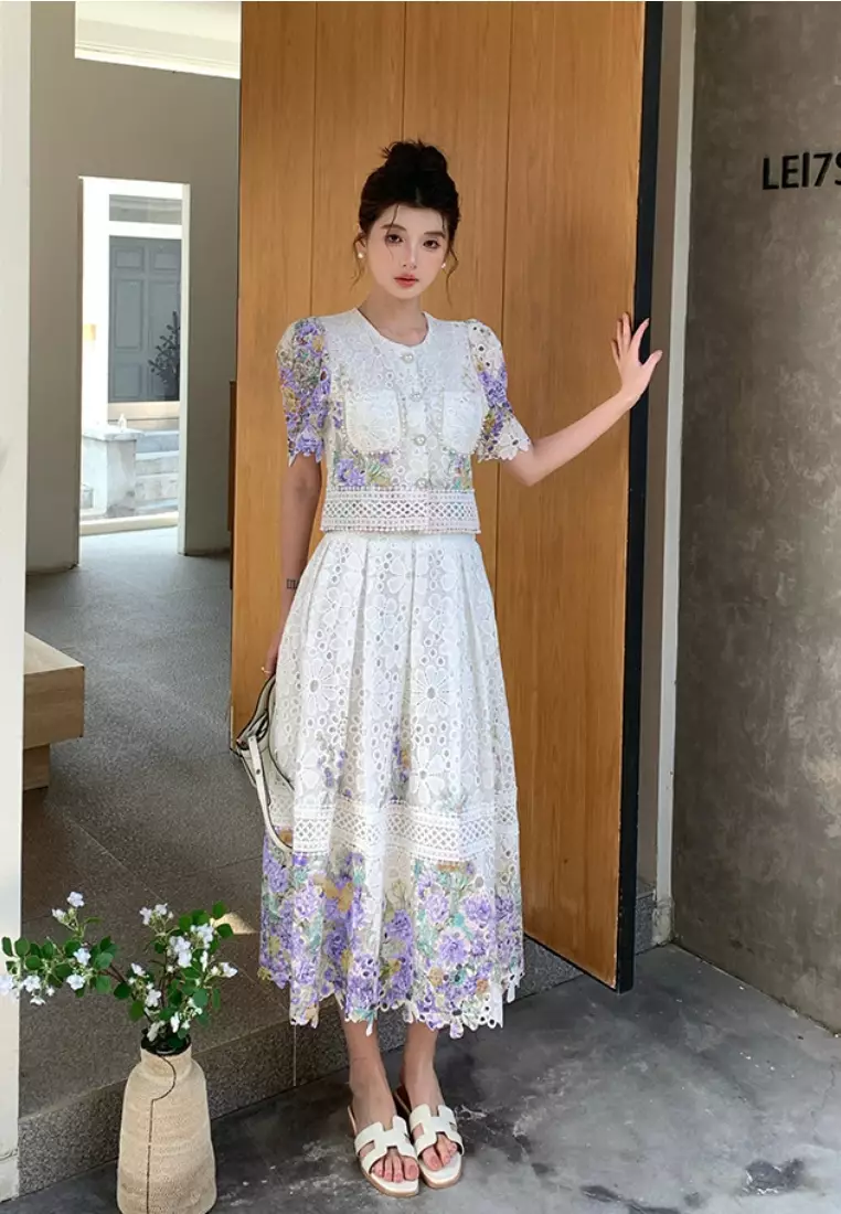 優雅蕾絲刺繡上衣修身裙子套裝CA26033021PU