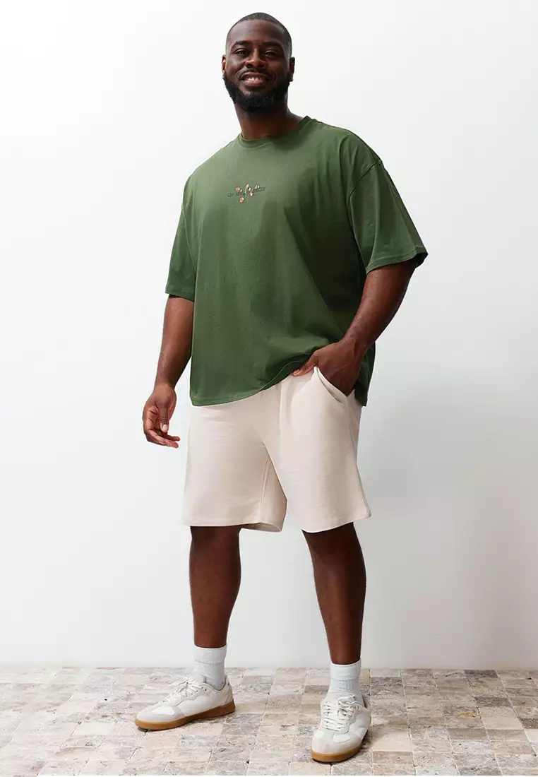 Large Size Stone Regular Cut Comfortable 100% Cotton Basic Shorts TMNSS24AP00001