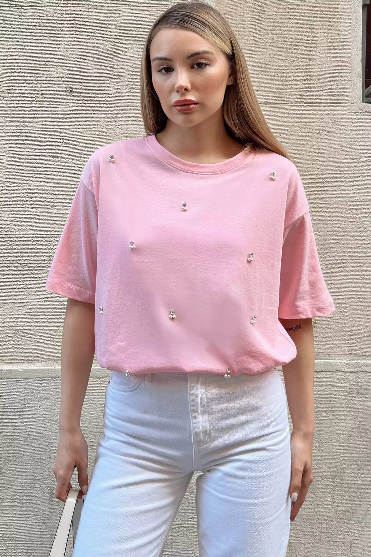 Oversize Pearl & Stone Embroidered T-Shirt
