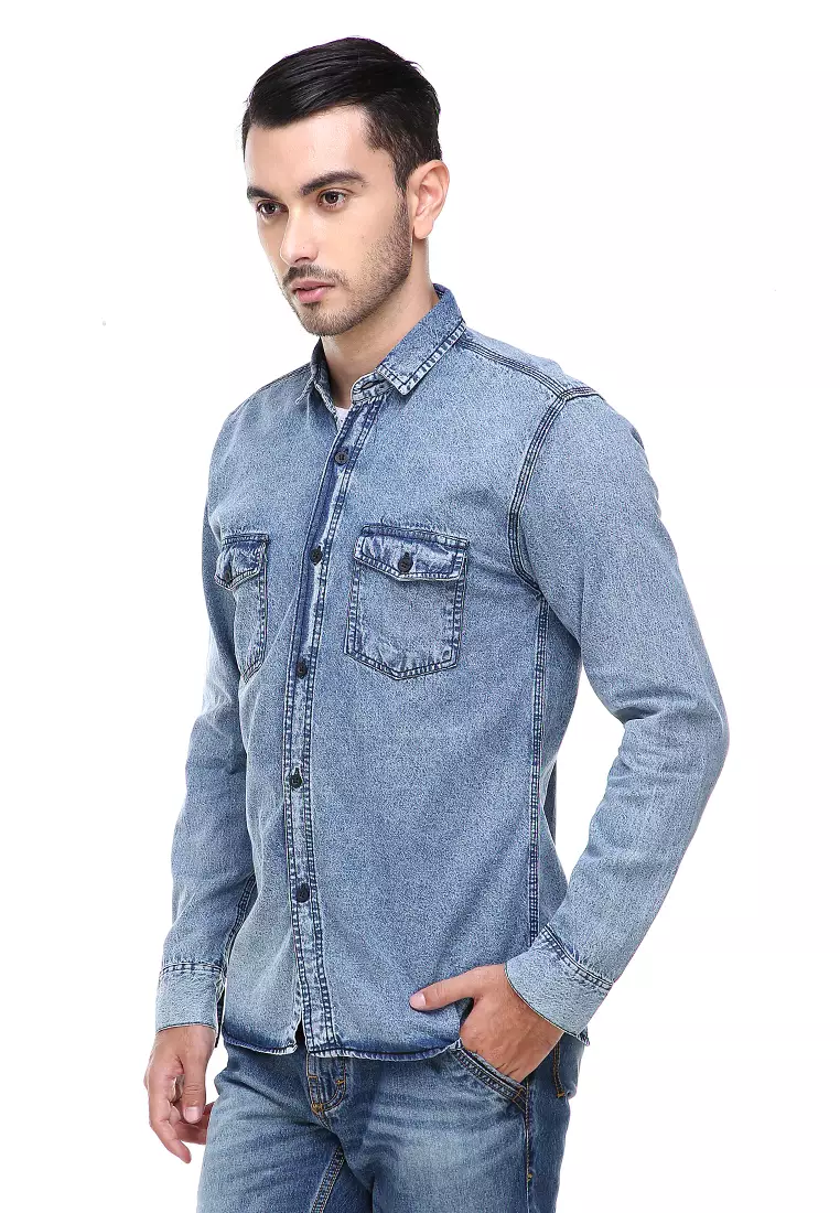 Dwan Casual Shirt Baju Kemeja Jeans Pria Lengan Panjang Material Denim ORIGINAL - Light Tash