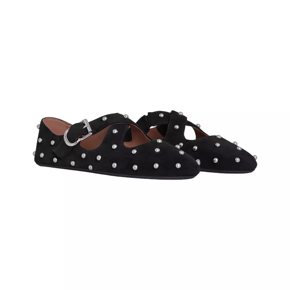 [6.6UNCANG HARGA] Criss Cross Ballet Flats in Suede with Studs Black