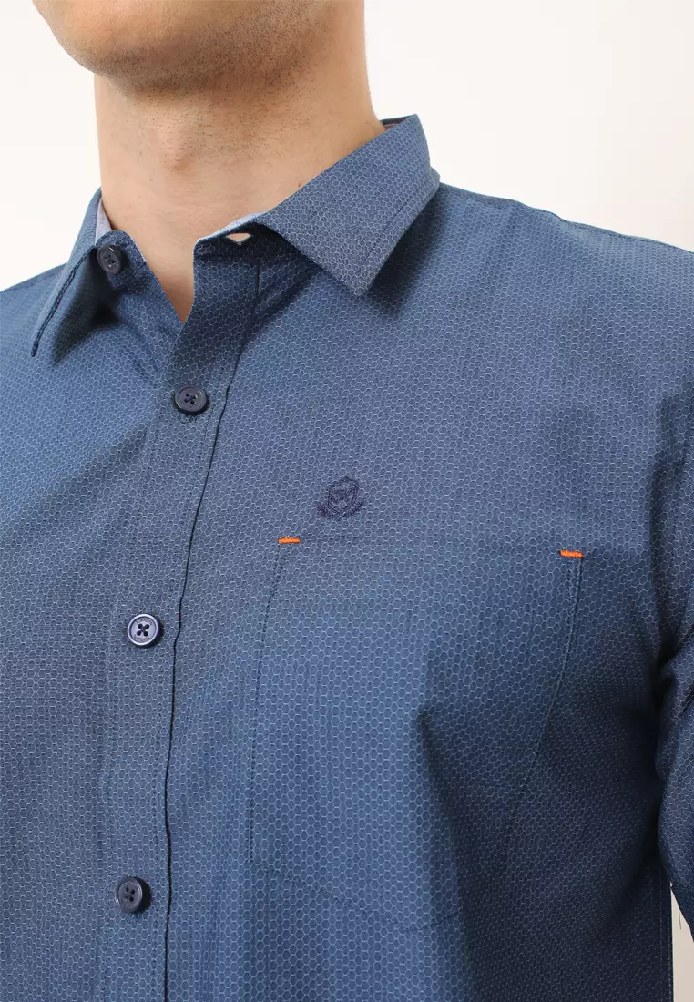 Johnwin - Kemeja Casual - Kemeja Pria - Kemeja Motif Lingkaran - Kemeja Biru - ASH.670.K880.716.C-S/S