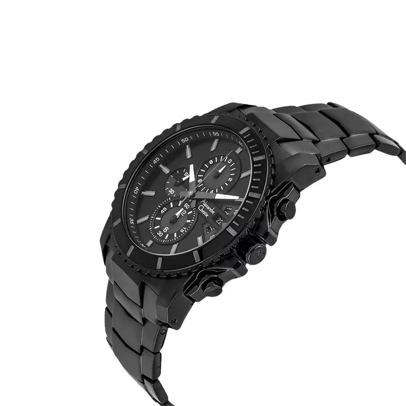 Jam Tangan Pria Alexandre Christie Chronograph AC 6455 MC BIPBA Men Black Dial Black Stainless Steel Strap