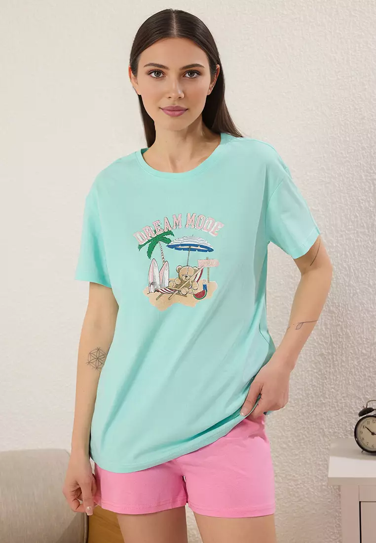 Turquoise-Pink 100% Cotton Summer Themed Knitted Pajama Set with Shorts THMSS25PT00262