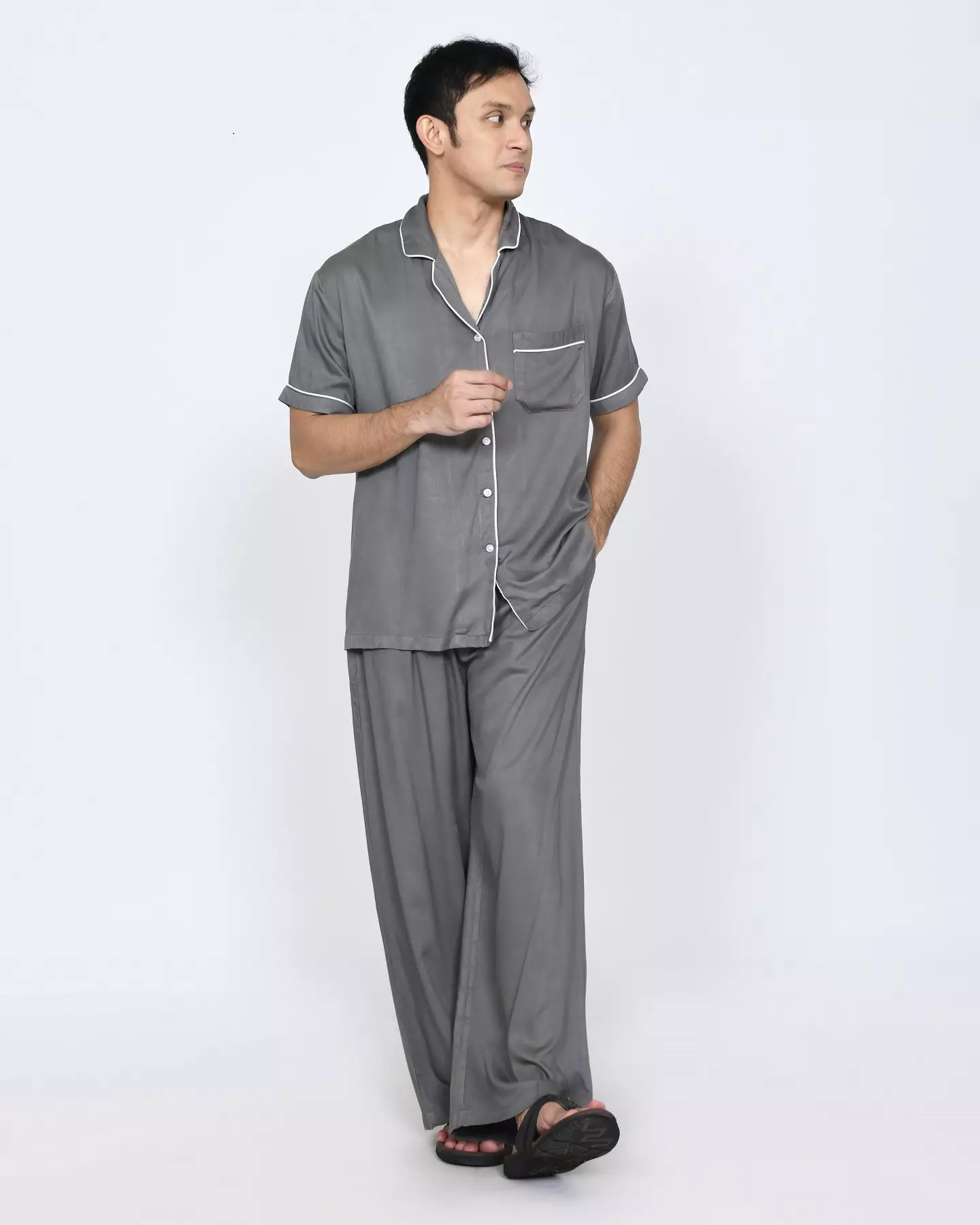 Set Piyama Cotton Riu Setelan Baju Tidur Pria ABU ABU FREE SLIP ON