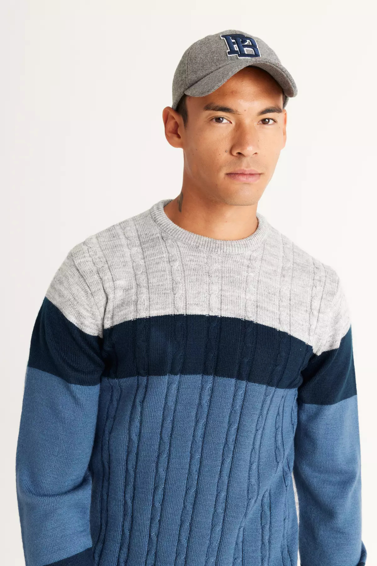 Gray Melange-Indigo Standard Fit Regular Cut Crew Neck Colorblock Patterned Knitwear Sweater
