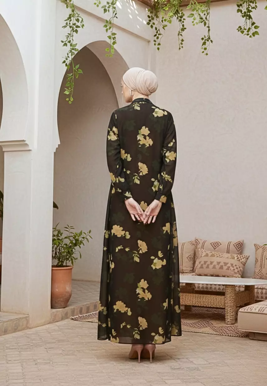 Gamis Mosleem Chiffon With Pearl And Floral Minimalis In Emerald Green By Brilliant Girl Warna HIJAU