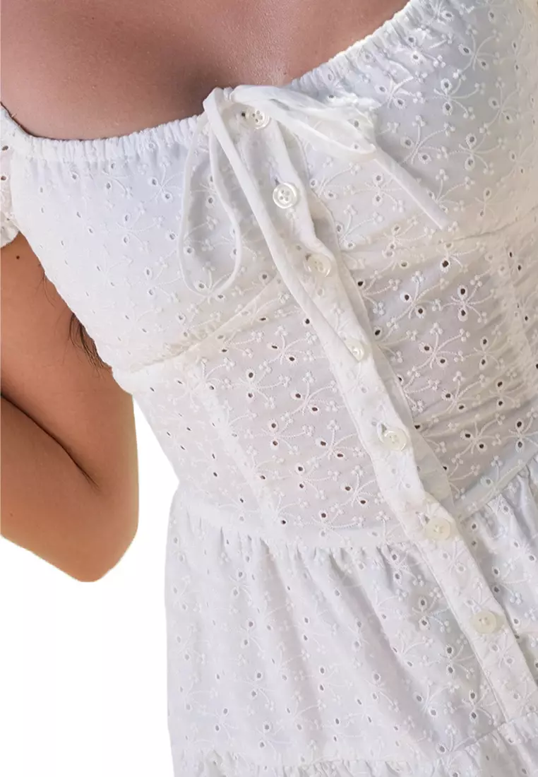 Embroidered Eyelet Corsetry-Like Tiered Short Dress With Puff Sleeves, Smocking, And Lace Ruffle Trim